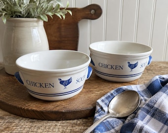 Vintage Chicken Soup Bowls Set of 2 | Blue White Ceramic Farmhouse Kitchen Decor