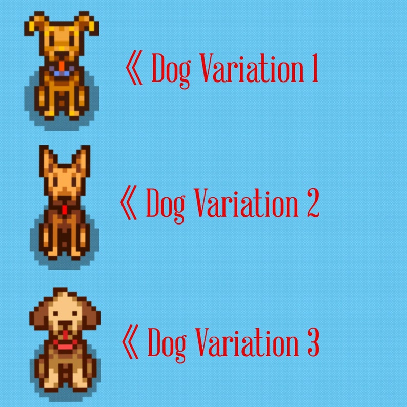 May include: Three pixel art dog variations on a light blue background. Each dog is a different color and breed. The text "Dog Variation 1", "Dog Variation 2", and "Dog Variation 3" are in red text next to each dog.
