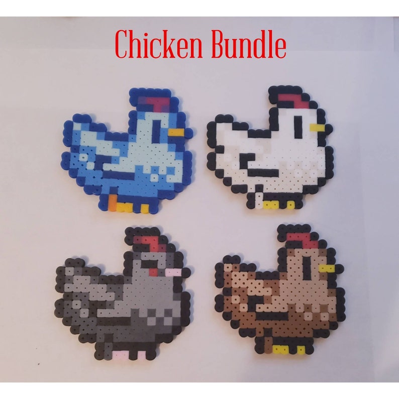 May include: Four pixel art chickens in blue, white, gray, and brown, each with a red comb and yellow feet. The text "Chicken Bundle" is in red at the top. These handmade items are made from plastic beads.