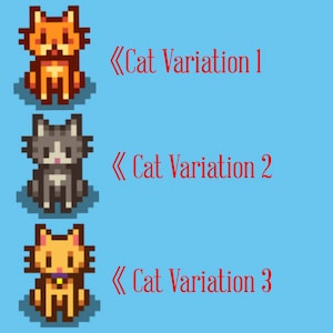 May include: Three pixelated cat illustrations in orange, gray, and yellow with text that reads "Cat Variation 1", "Cat Variation 2", and "Cat Variation 3". The cats are sitting on a light blue background.