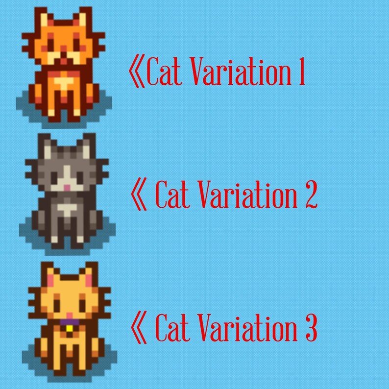 May include: Three pixelated cat illustrations in orange, gray, and yellow with text that reads "Cat Variation 1", "Cat Variation 2", and "Cat Variation 3". The cats are sitting on a light blue background.