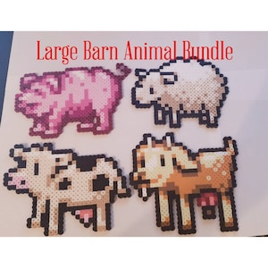 May include: A collection of pixelated barn animal figures, including a pink pig, a white sheep, a black and white cow, and a brown goat. The figures are made from small, colorful beads. The text "Large Barn Animal Bundle" is at the top.