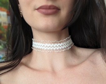 White Ruffled Elastic Lace Choker Necklace