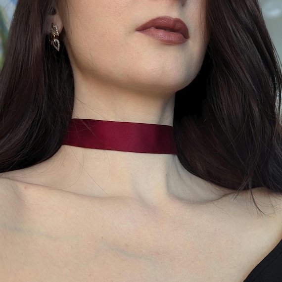 Maroon Satin Smooth Choker Necklace. Dark Red Fabric Choker.