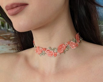 Peach Floral Cotton Lace Choker Necklace. Orange Flowers Lace Necklace