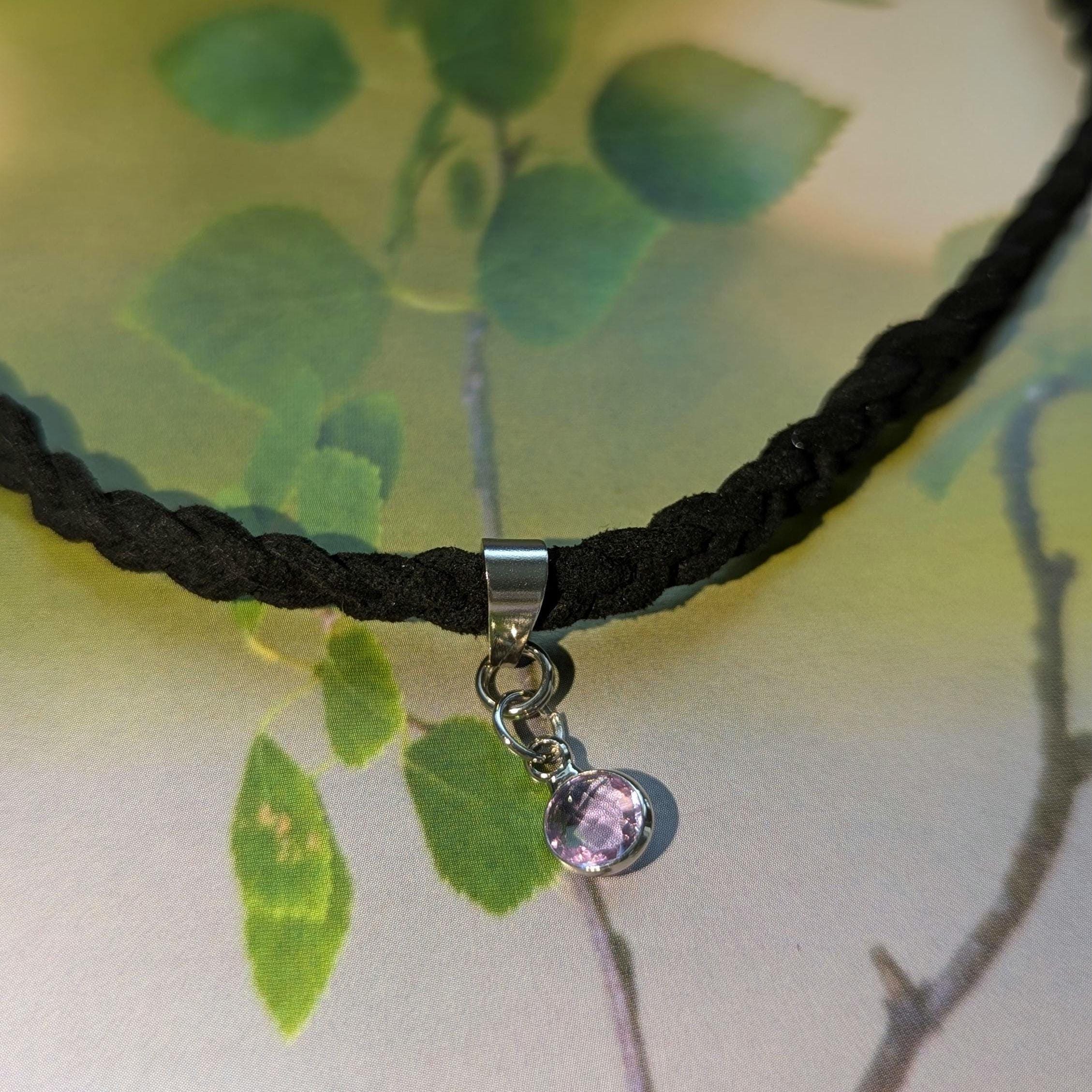 Amethyst Droplet Charm Necklace. Black Suede Choker With
