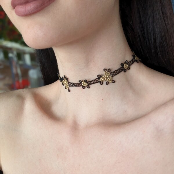 Black Lace Choker Necklace with Golden Flowers