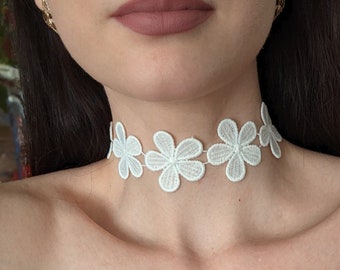 White Floral Cotton Lace Choker Necklace