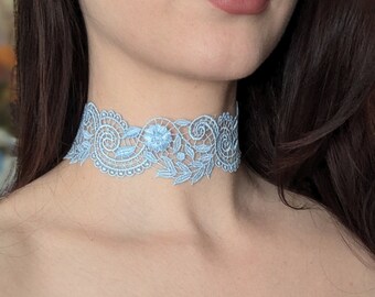 Blue Lace Choker Necklace With Leaves and Feathers Etsy