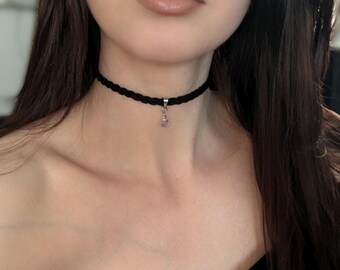 Amethyst Droplet Charm Necklace. Black Suede Choker With