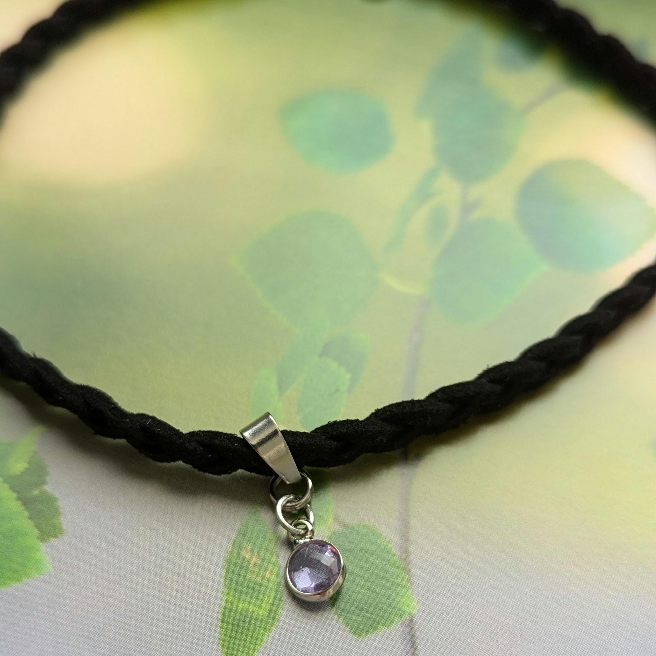 Amethyst Droplet Charm Necklace. Black Suede Choker With
