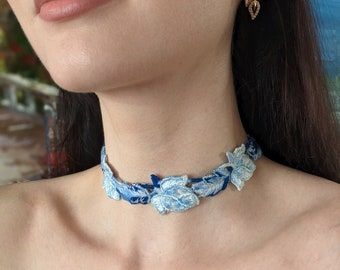 Blue Lace Choker Necklace with Leaves and Feathers
