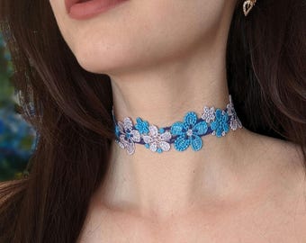 Blue Lace Choker Necklace With Leaves and Feathers Etsy