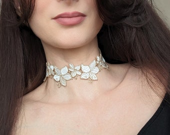 Ivory Floral Cotton Lace Choker Necklace with Golden Trim