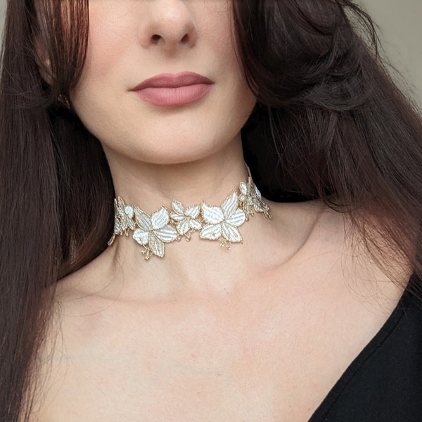 Ivory Floral Cotton Lace Choker Necklace with Golden Trim
