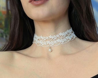 White Bridal Wide Floral Lace Choker Necklace with Pearl Pendant