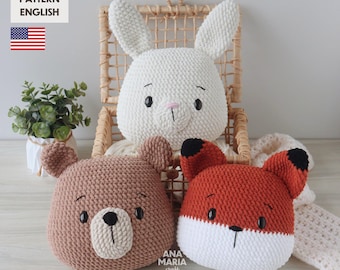 Crochet Amigurumi Pattern Forest Woodland Pillows Colection Chenille - Fox, Bear and Bunny