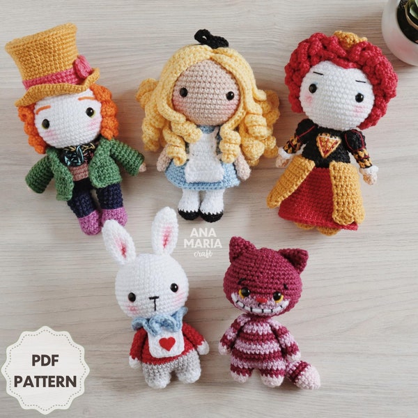 E-book Crochet Pattern Amigurumi PDF Pack Alice in Wonderland: Alice, Mad Hatter, Red Queen, White Rabbit and Cheshire Cat PDF (English)