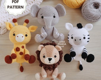 E-book Crochet Pattern Amigurumi Zoo Safari Animals Pack Bundle: Lion, Giraffe, Elephant and Zebra PDF (ENGLISH)