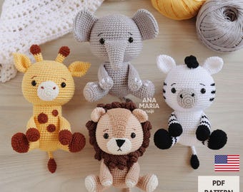 E-book Crochet Pattern Amigurumi Zoo Safari Animals Pack Bundle: Lion, Giraffe, Elephant and Zebra Savannah PDF