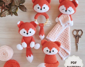 E-book Patrón de Ganchillo Amigurumi Crafty the Fox Pack: Zorro en 2 versiones, mantita adorable para bebé y paquete sonajero PDF (inglés)