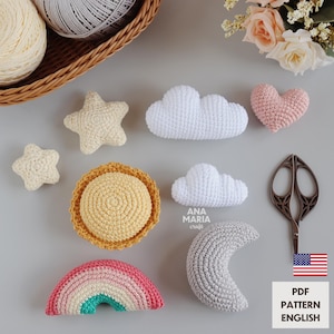 E-book Häkelanleitung Amigurumi Krippen-Mobile Himmel: Sonne Mond Stern Wolke Regenbogen Herz Schlüsselanhänger PDF