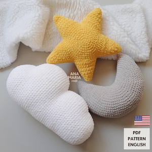 Patrón de amigurumi de ganchillo para cojines del cielo: Luna, estrella y nube (PDF)