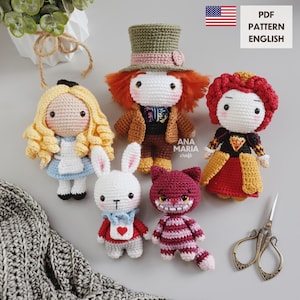 E-book Crochet Pattern Amigurumi PDF Pack Alice in Wonderland: Alice, Mad Hatter, Red Queen, White Rabbit and Cheshire Cat PDF