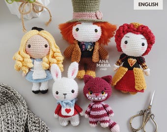 Crochet Amigurumi Pattern Bundle Alice in Wonderland – Alice, Mad Hatter, White Rabbit, Cheshire Cat & Red Queen Crochet Patterns
