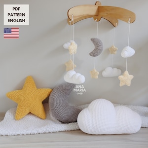 E-book Crochet Pattern Amigurumi Sky Pack Bundle: Crib Mobile and Pillows sun star cloud heart moon rainbow keychain PDF (English)