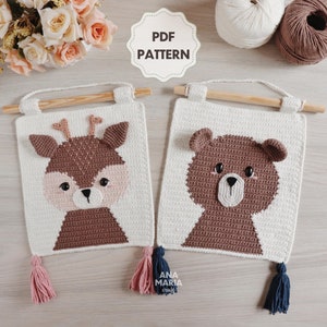 E-book Crochet Pattern Amigurumi Pack Bundle Wall Hanging Panel Flag Bear and Deer Tapestry PDF (English)