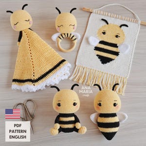 Crochet Amigurumi Pattern Bundle Bee Melissa: Amigurumi, baby lovey blanket, rattle and wall hanging panel