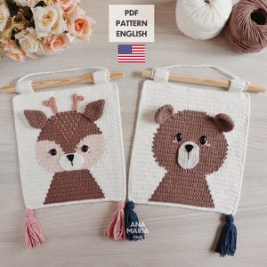 E-book Crochet Pattern Amigurumi Pack Bundle Wall Hanging Panel Flag Bear and Deer Tapestry PDF