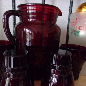 Ruby Red Depression Pitcher With 4 Glasses