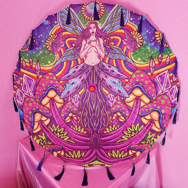 Trippy Fairycore Festival Fringed Purple Kawaii Cute Parasol ( Comes With Carrying Bag )