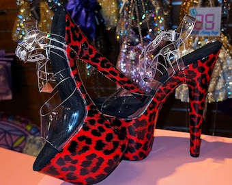 7in Multicolors Leopard Clear X Strap Stripper Exotic Pole Dance Dancer Shoes Platform Heels