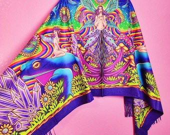 Trippy Fairycore Fringed Festival Rave Pashmina Scarf Shawl