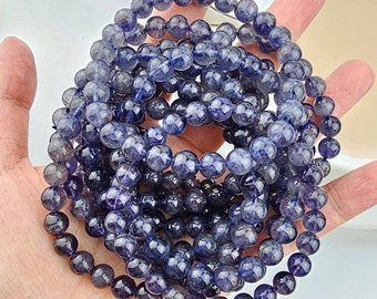 Pulseira de pedra preciosa iolita natural, joia com contas azul-violeta, iolita de 6 a 7 mm (pedra do mês de setembro)