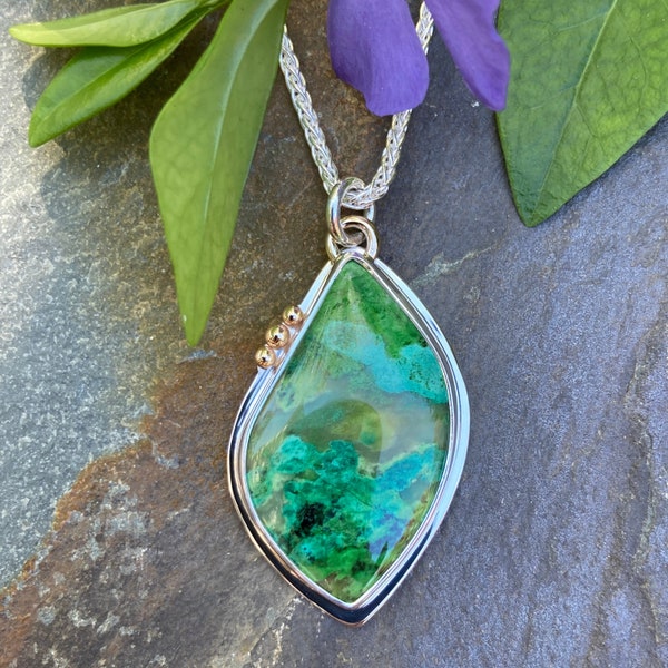 Parrot Wing Chrysocolla in Quartz Pendant, Sterling Silver and 14K Yellow Gold, Mixed Metal Necklace, Artisan Made