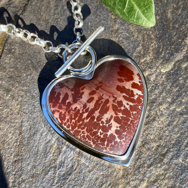 Apache Rhyolite Heart Pendant in Sterling, Hand Fabricated Toggle Necklace, Vine and Leaf Design Pierced on the Back, Natural Stone