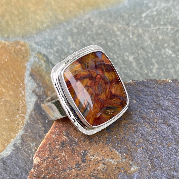 Pietersite Ring in Sterling Silver, Gold and Brown Chatoyant Stone, Size 7 1/2