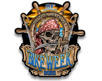 Calcomanía de vinilo de calavera pirata de la Semana de la Bicicleta de Daytona 2022, 7 pulgadas