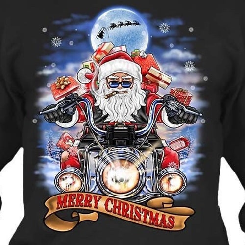 Ugly Christmas Biker Santa on Motorcycle Tshirt Etsy