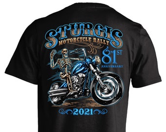 2021 Sturgis Motorcycle Rally 81st Anniversary Blue Skeleton T-shirt (BACK PRINT)
