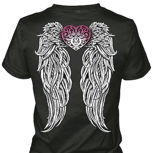 Women's Angel Wings Pink Tribal Heart Ladies Biker V-neck T-shirt
