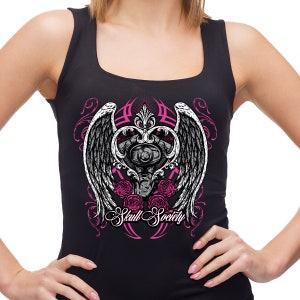 Women's Motor Angel Heart and Wings Motorcycle V-twin Engine Pink Ladies Tank Top T-shirt
