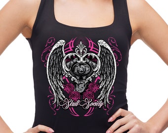 Women&#39;s Motor Angel Heart and Wings Motorcycle V-twin Engine Pink Ladies Tank Top T-shirt