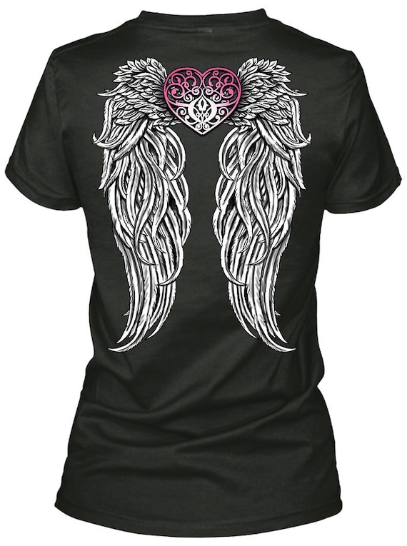 Women's Angel Wings Pink Tribal Heart Ladies Biker V-neck T