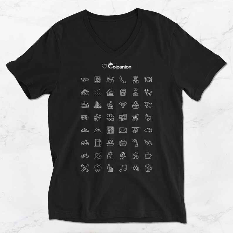 以下が含まれることがあります： 前面に白いハートと「Coipanian」という文字がプリントされた、黒いVネックTシャツ。シャツには、50個の白いアウトラインアイコンのグリッドが描かれています。