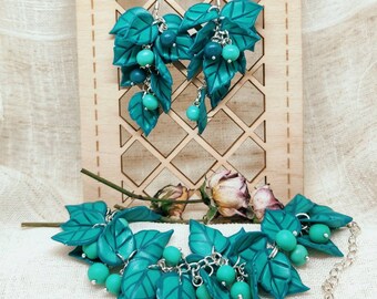 Teal with Pink Needlepoint Flowers Polymer Clay Necklace and Earrings Set